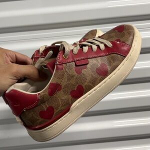 Coach Women Brown Leather Shoe, With Red  Hearts